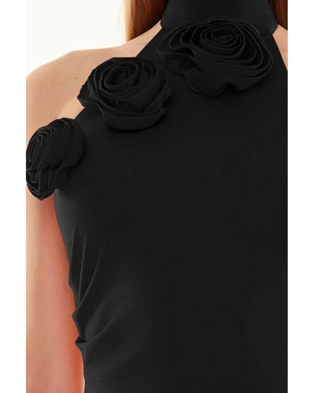 WOVCOR Black Woven Maxi Elegant Evening Dress W/ Rose Detail