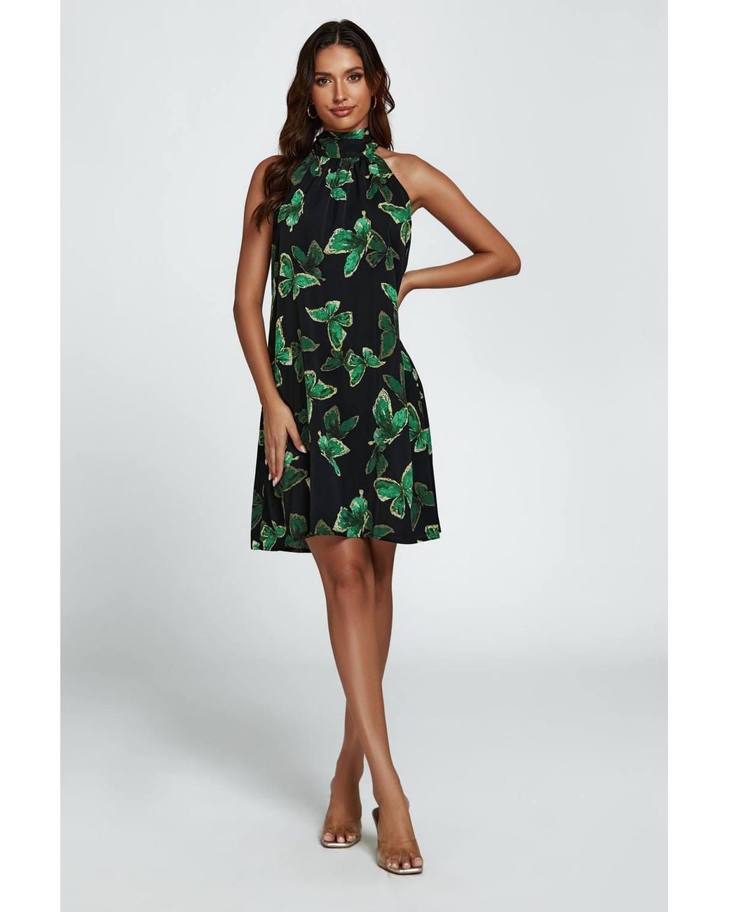 FS Collection Green Butterfly Print Halter Neck Tie Back Mini Dress