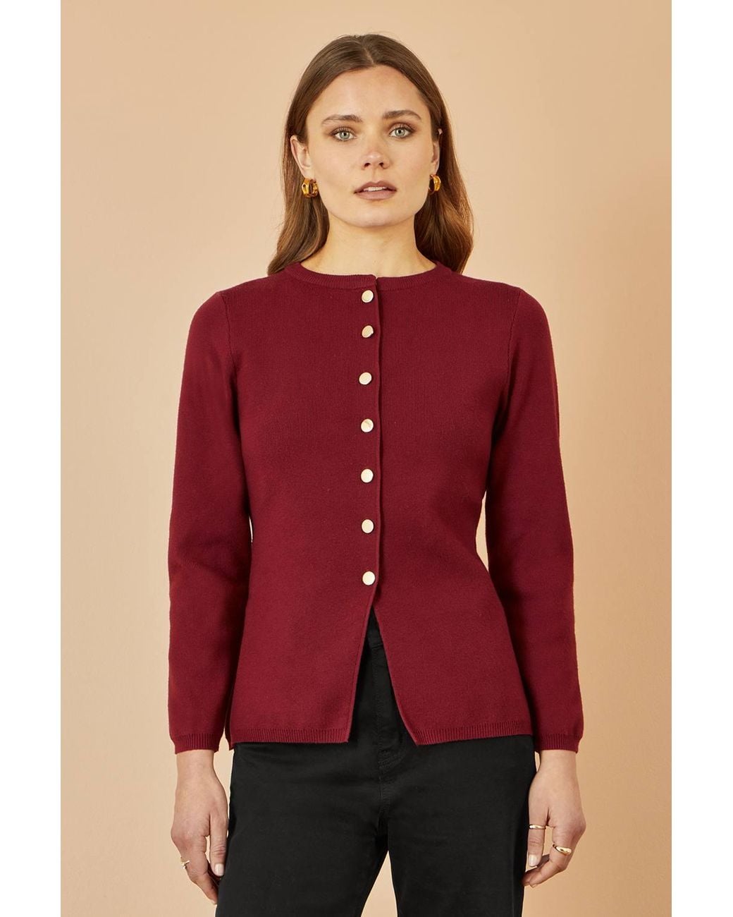 Yumi' Red Knitted Fitted Button Down Peplum Cardigan