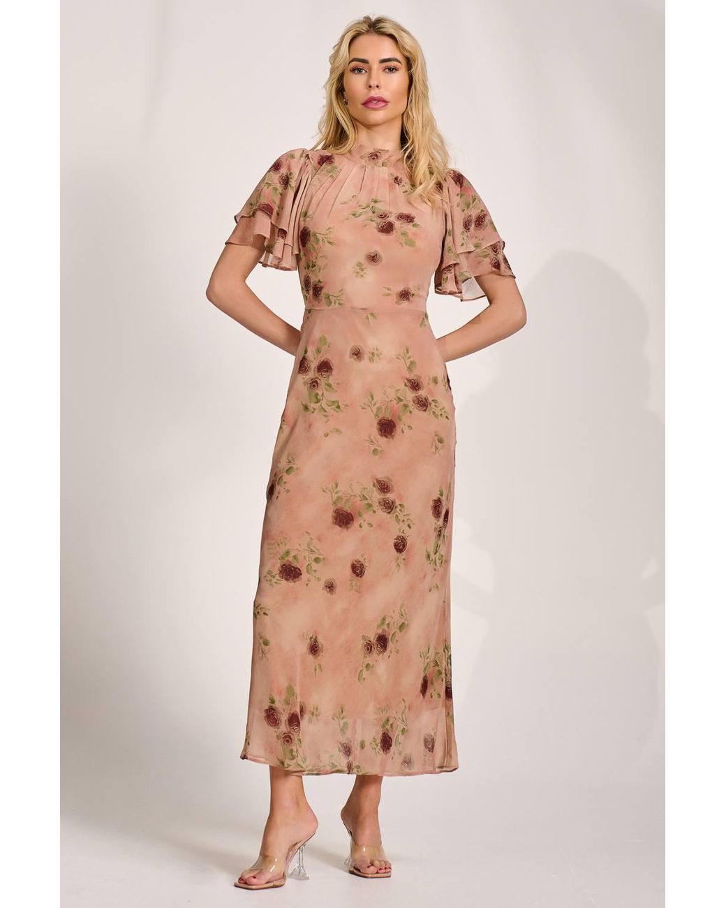 Jolie Moi Multicolor High Neck Angel Sleeve Chiffon Maxi Dress
