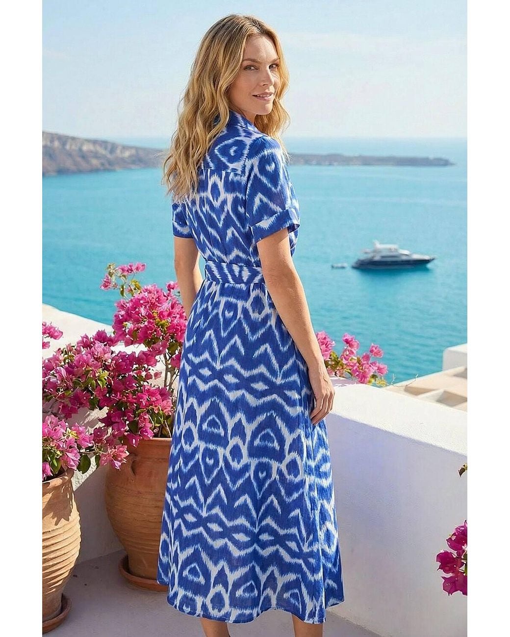 Roman Blue Petite Stripe Tie Waist Shirt Dress