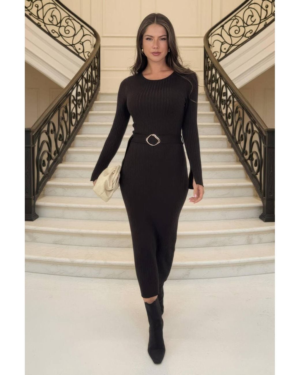 AX Paris Natural Rib Knit Buckle Detail Midi Dress