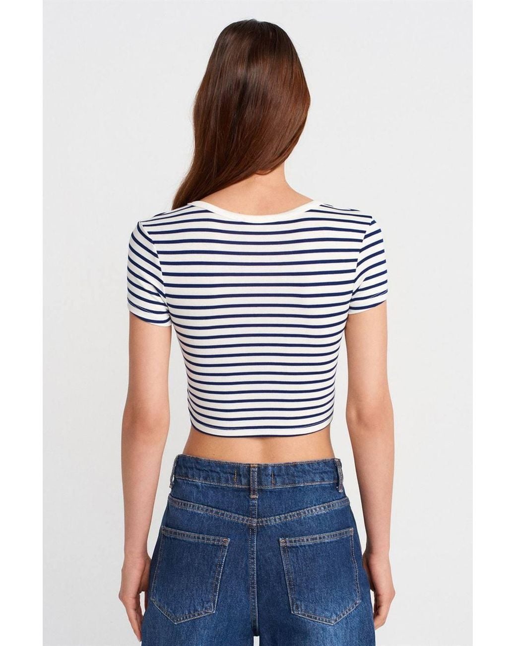 Dilvin Blue Striped Crop Top Blouse