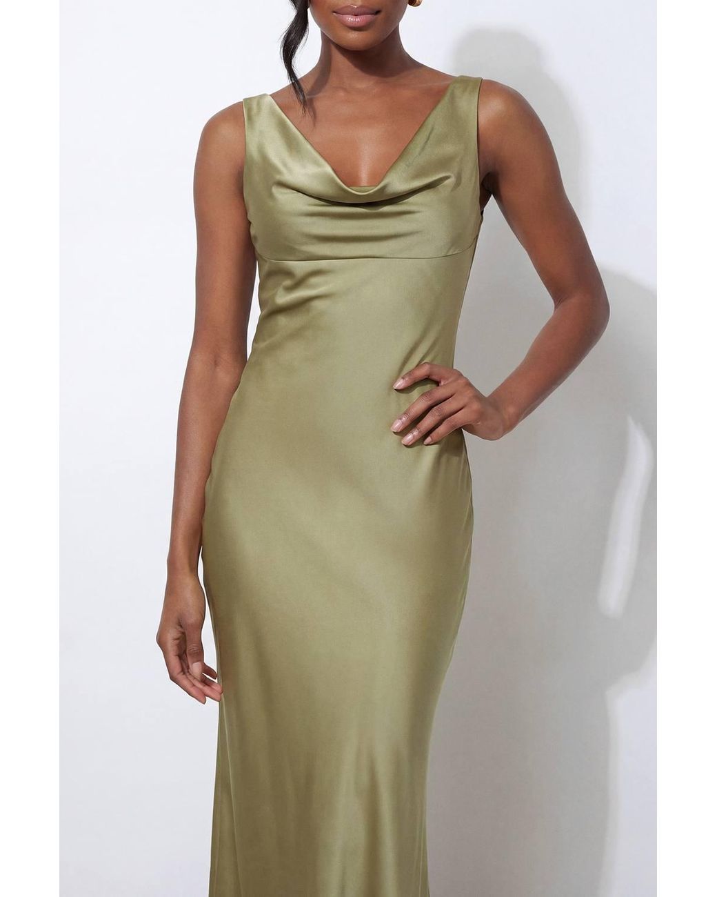 MissPap Green Premium Satin Cowl Neck Fishtail Maxi Dress