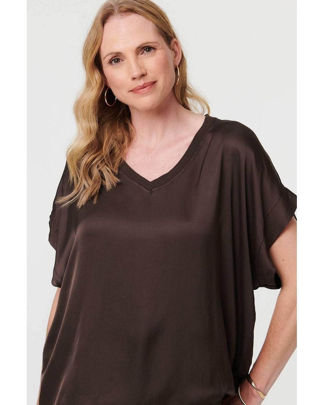 Izabel London Brown Relaxed Batwing Short Sleeve Relaxed Top