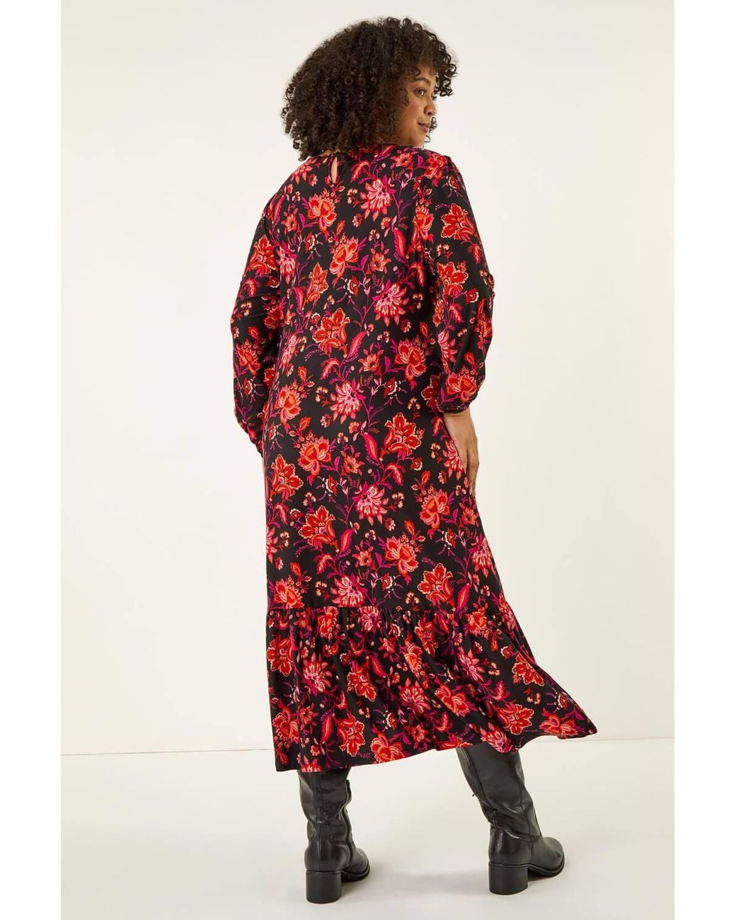 Roman Red Curve Floral Print Stretch Dress