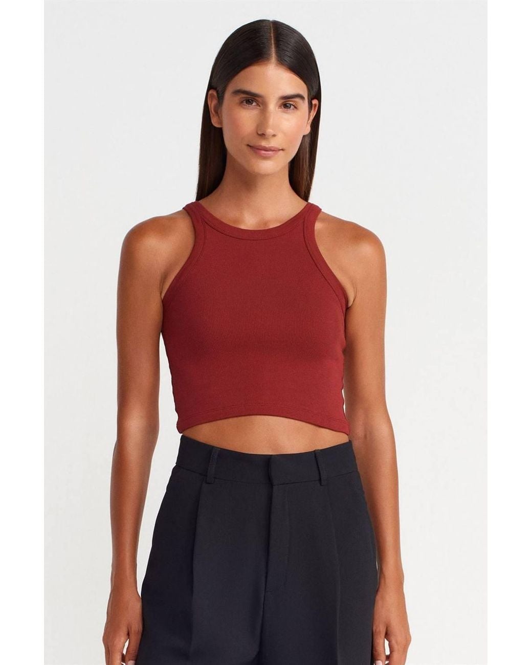 Dilvin Red Ribbed Cotton-Blend Sleeveless Crop Top