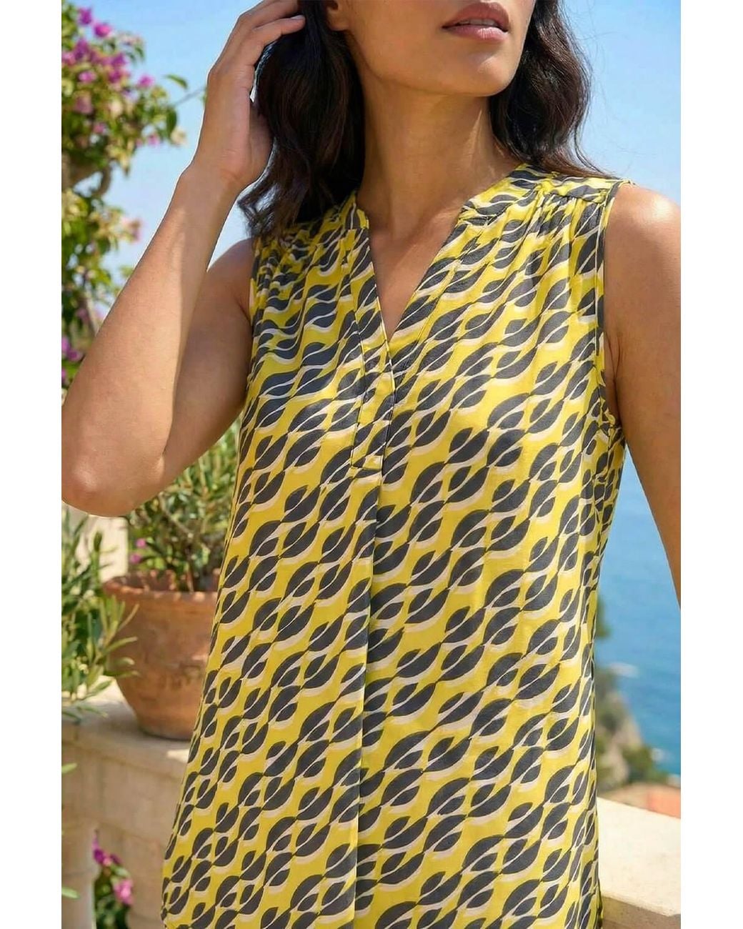 Roman Yellow Geo Print Pleat Front Vest Top
