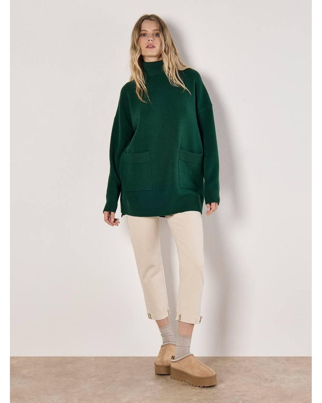 Apricot Green Oversized Tunic Roll Neck Jumper