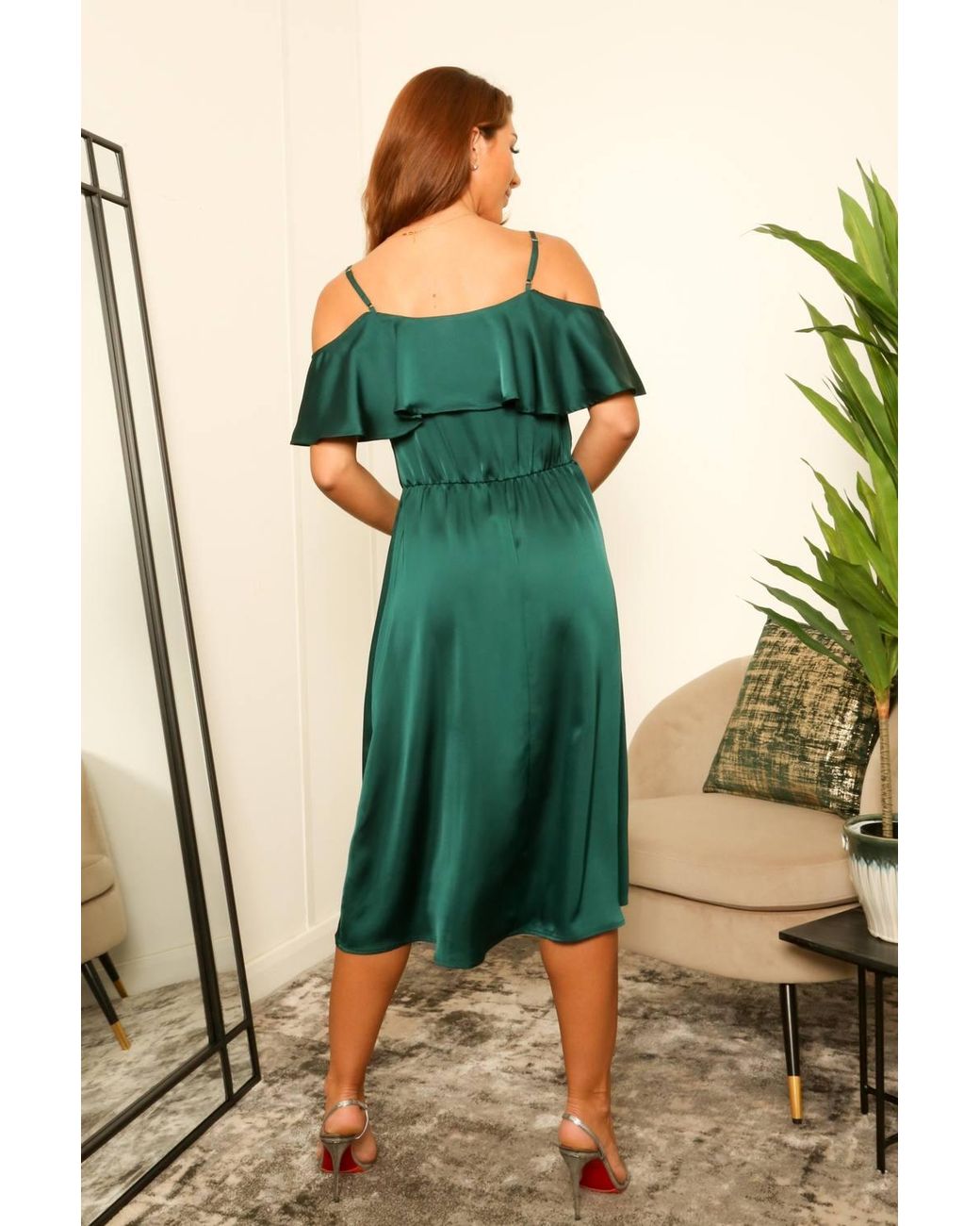 Double Second Green Shoulder Satin Midi Dress