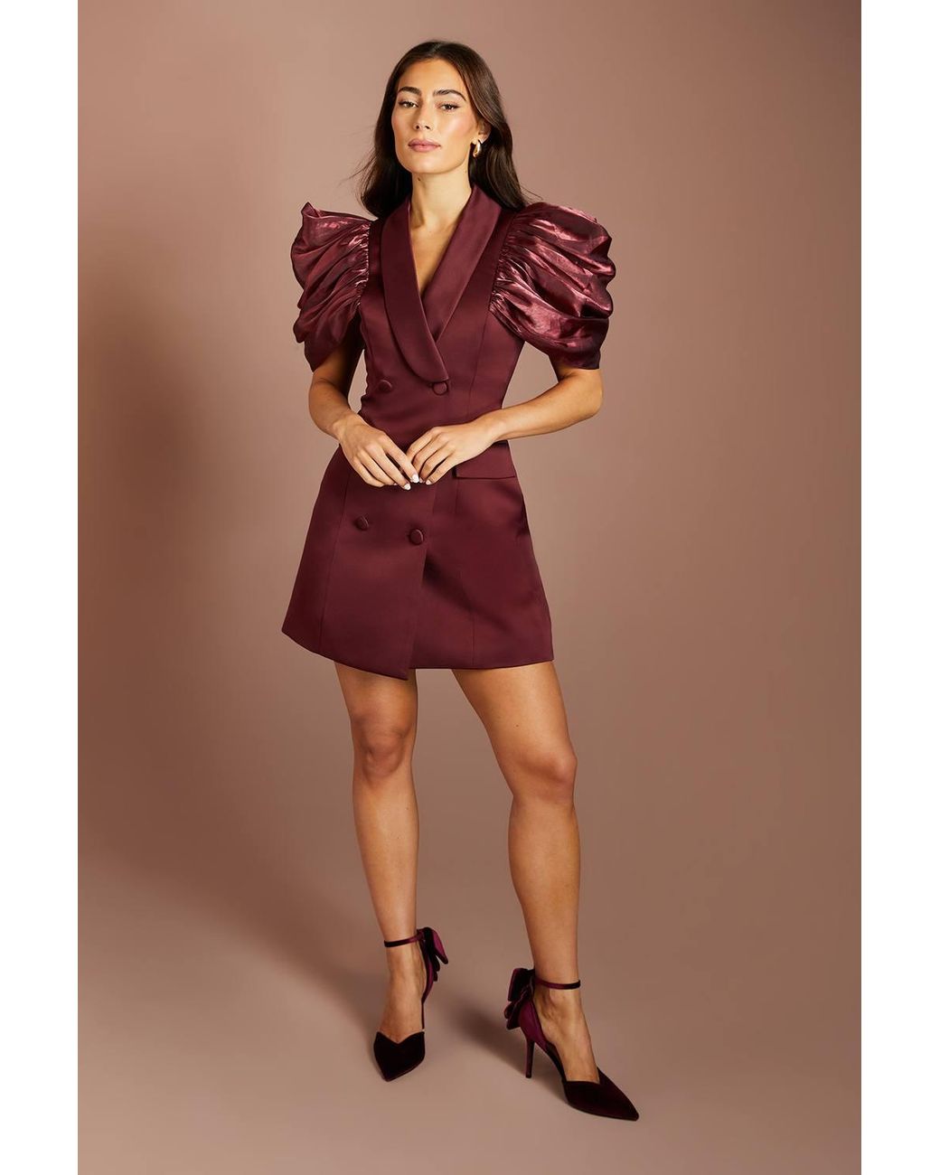 Coast Brown Statement Shoulder Structured Satin Blazer Mini Dress