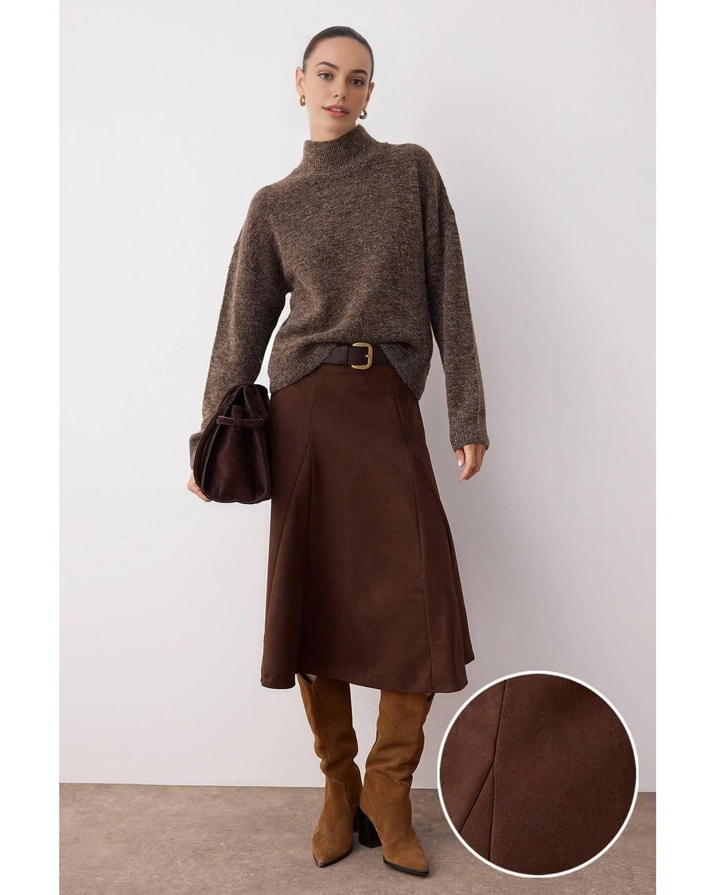 WOVCOR Brown A-Line Woven Midi Skirt W/ Soft Suede Finish & Fluid Shape