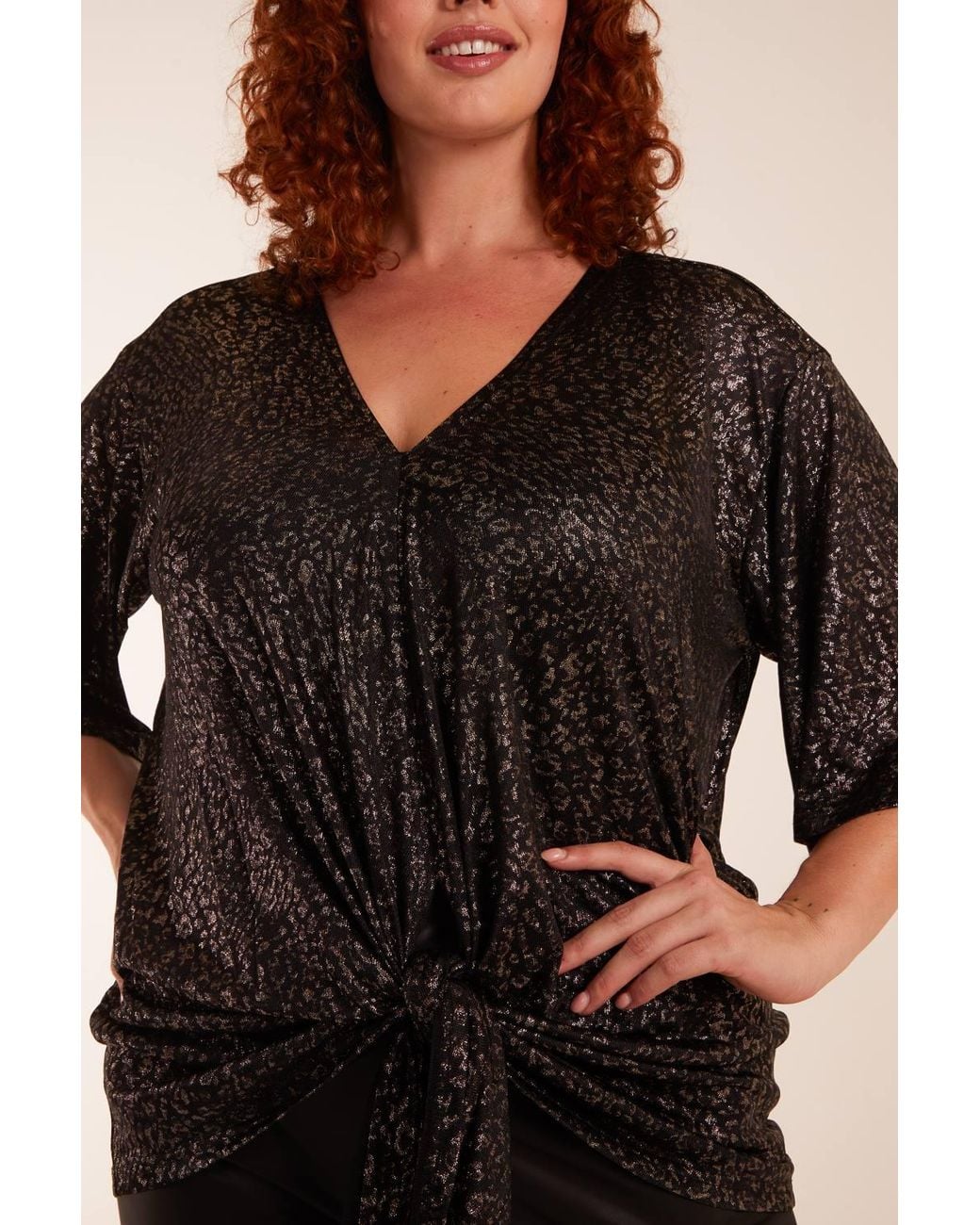 Blue Vanilla Black Curve Leopard V Neck Tie Front Top