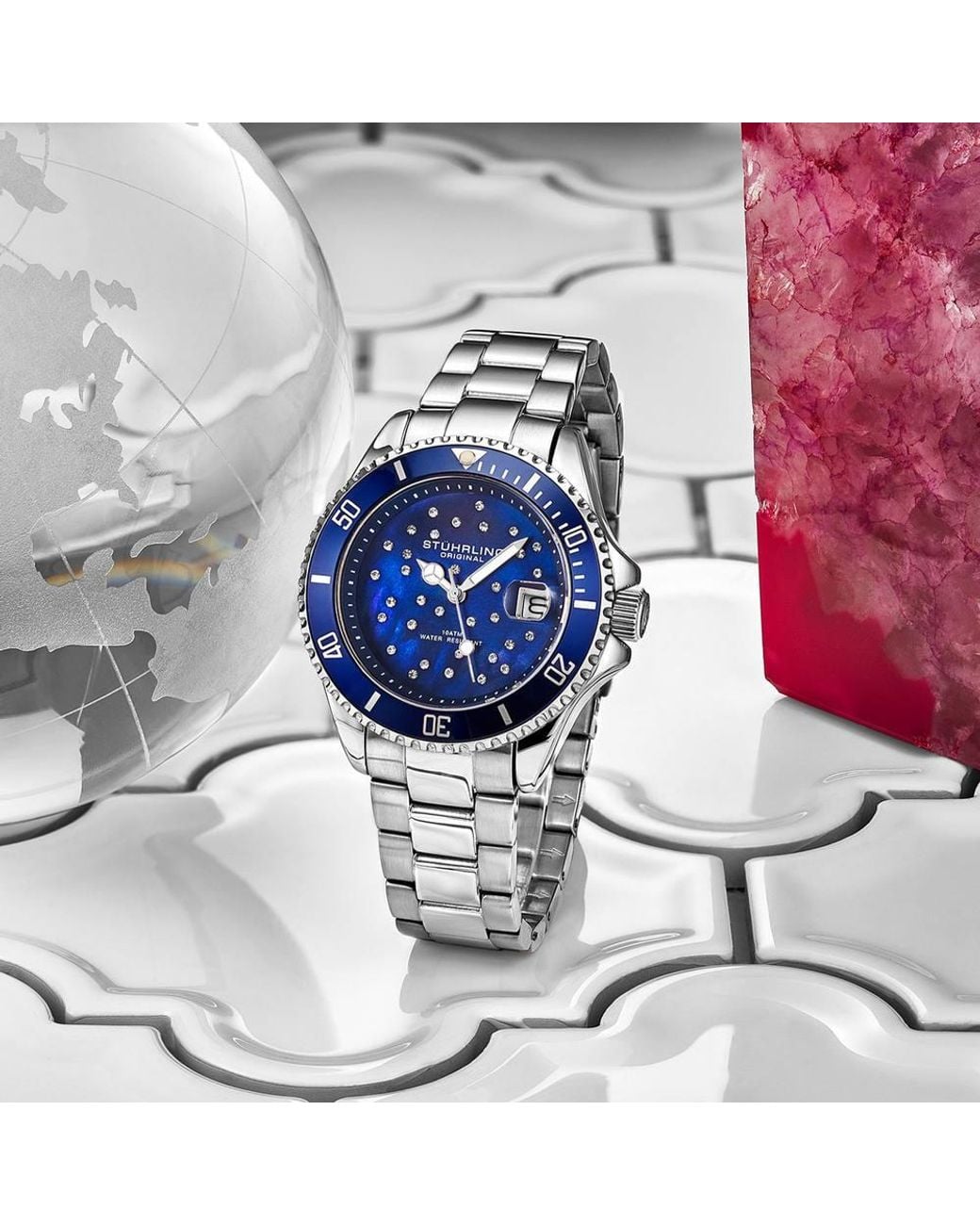 Stuhrling Blue Starsea Ladies' Quartz Fashion Diver Watch W/ Stainless Steel Link Bracelet