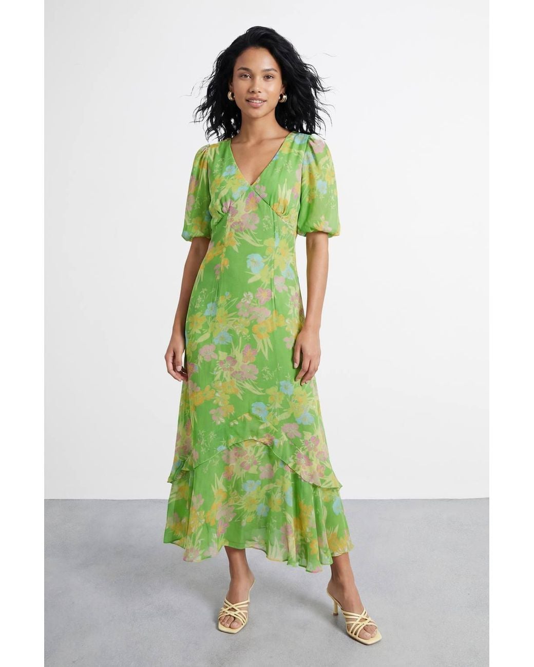 Warehouse Green Floral Printed Viscose Floral Midi Dress