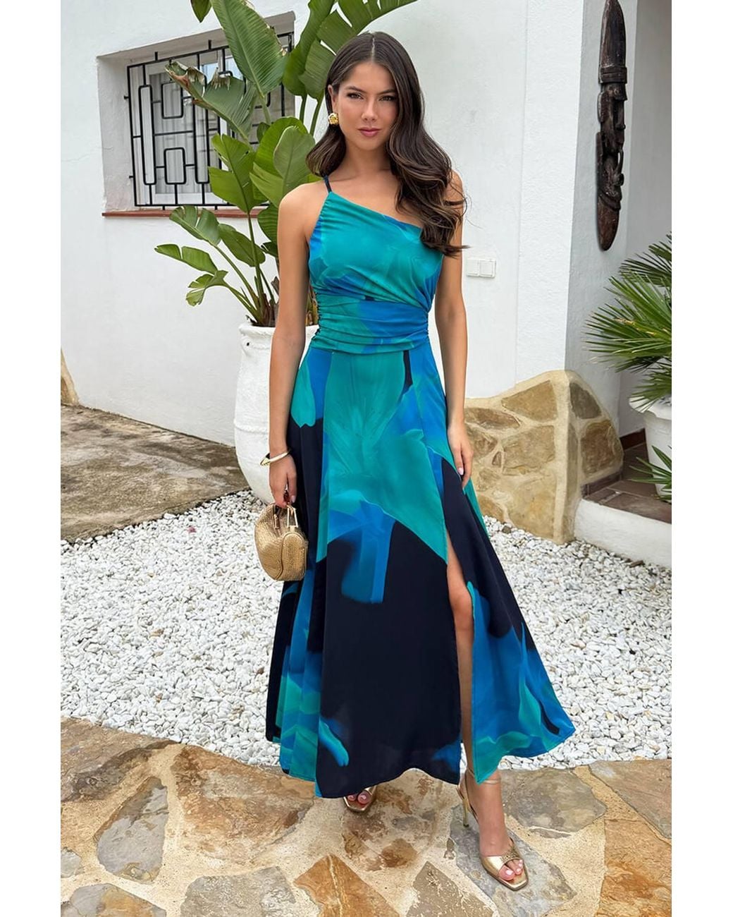 AX Paris Blue Bold Floral Print One Shoulder Ruched Waist Midi Dress