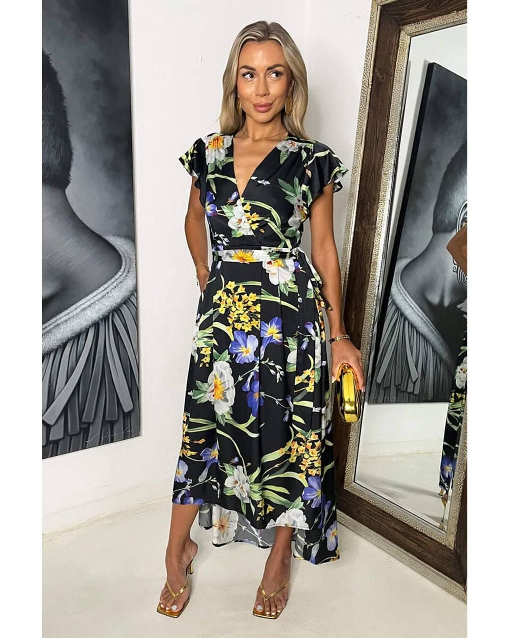 AX Paris Black Floral Print Flutter Sleeve Belted Wrap Midi Dress