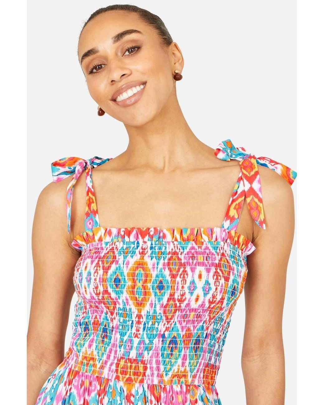 Yumi' Red Multicolour Ikat Print Maxi Viscose Sun Dress