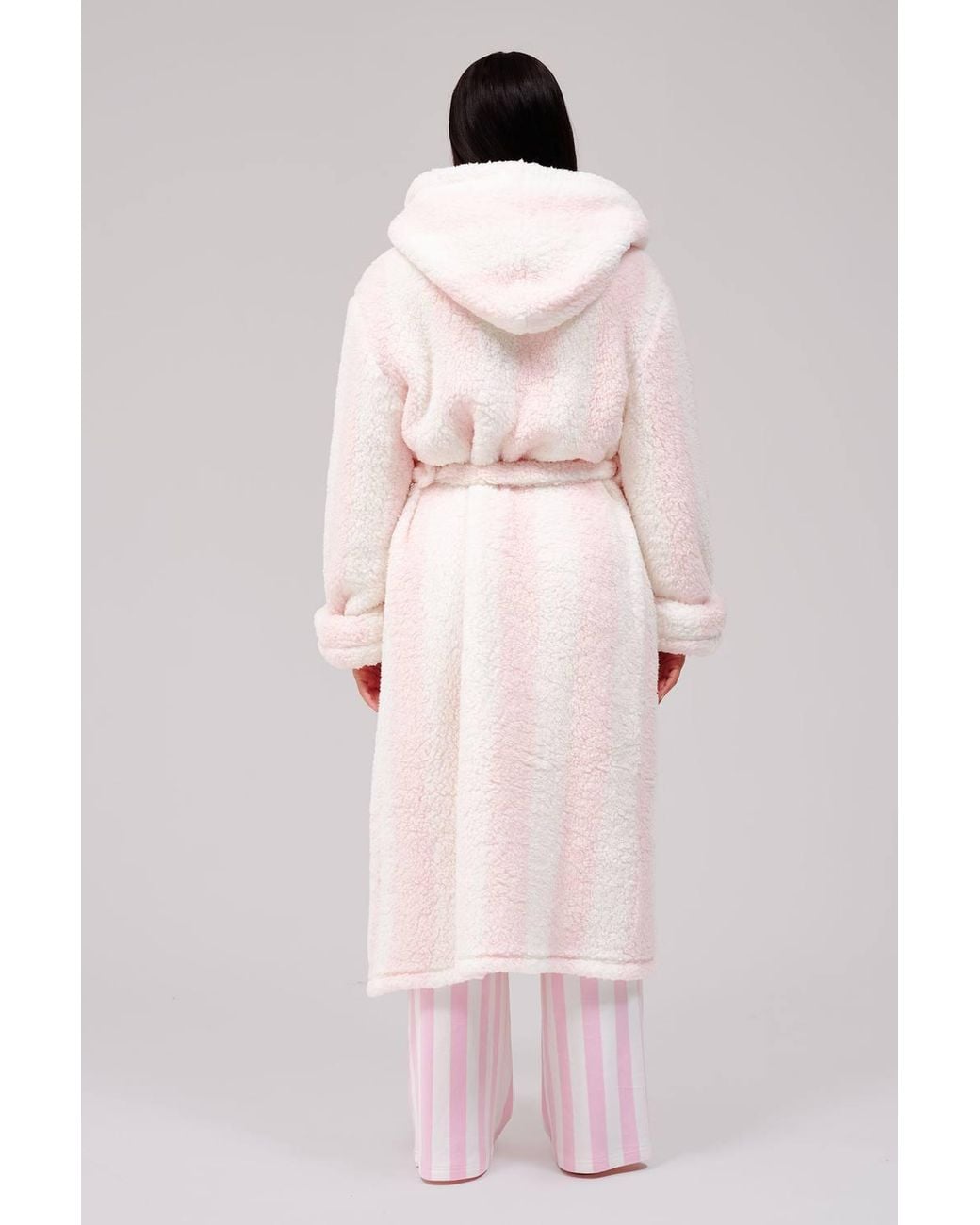 Loungeable Pink Chunky Sherpa Stripe Midi Hooded Dressing Gown