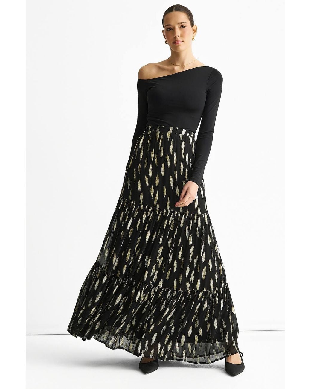 Gini London Black Clipped Jacquard Tiered Maxi Skirt