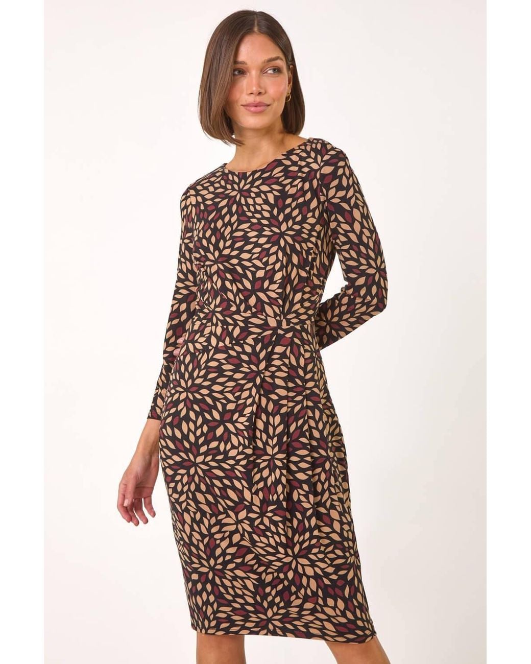 Roman Natural Leaf Print Side Twist Stretch Midi Dress