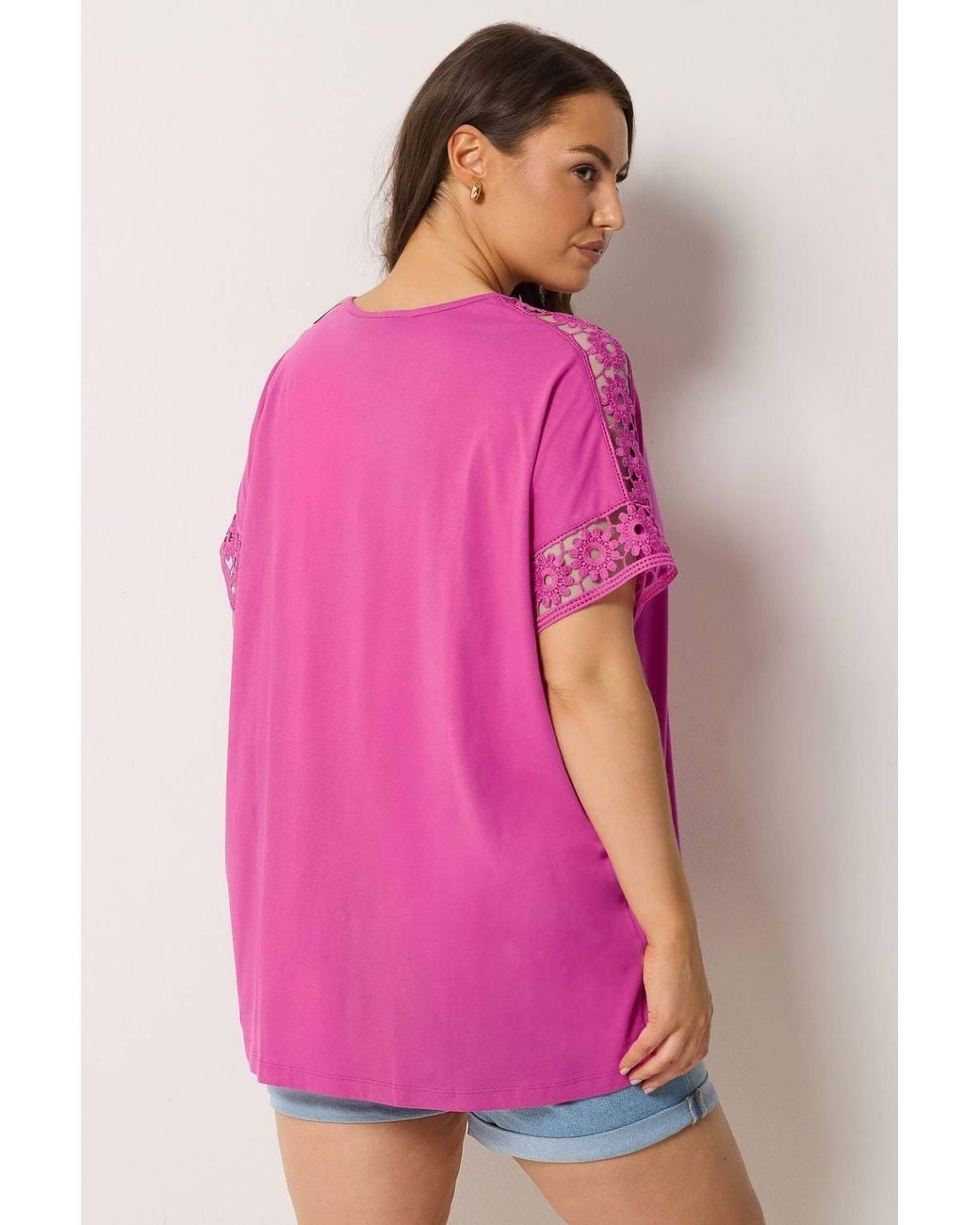 Yours Pink Crochet Sleeve Boxy T-Shirt