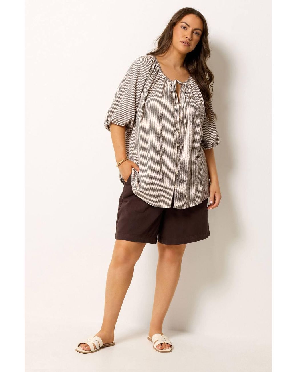 Yours Brown Stripe Tie Front Top