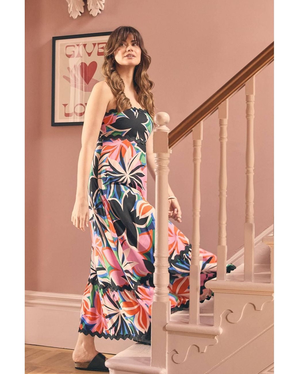Izabel London Pink Floral Wave Trim Sleeveless Maxi Dress