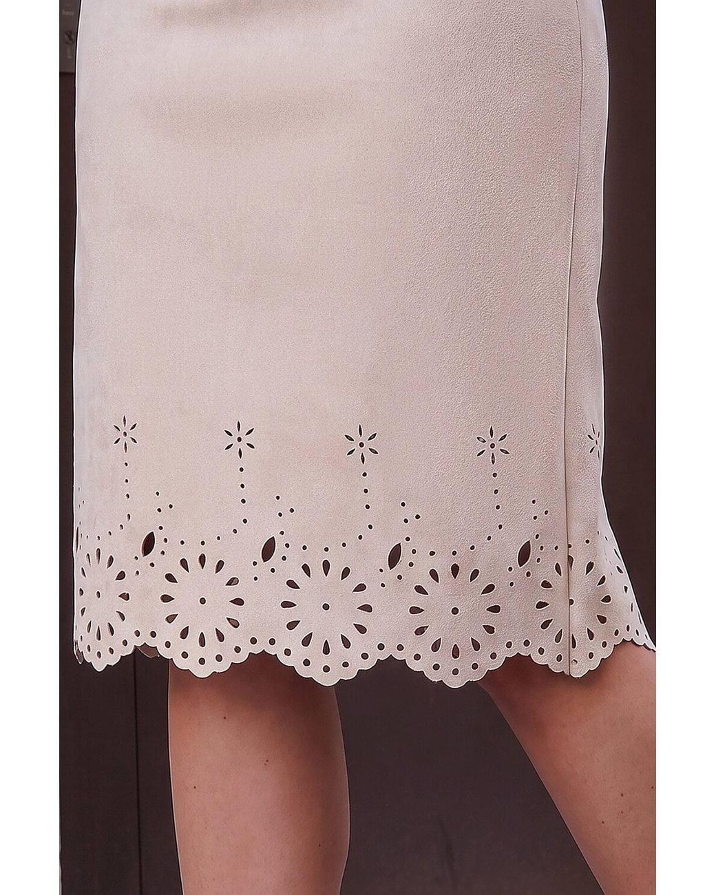 Roman Natural Faux Suede Laser Cut Pencil Skirt