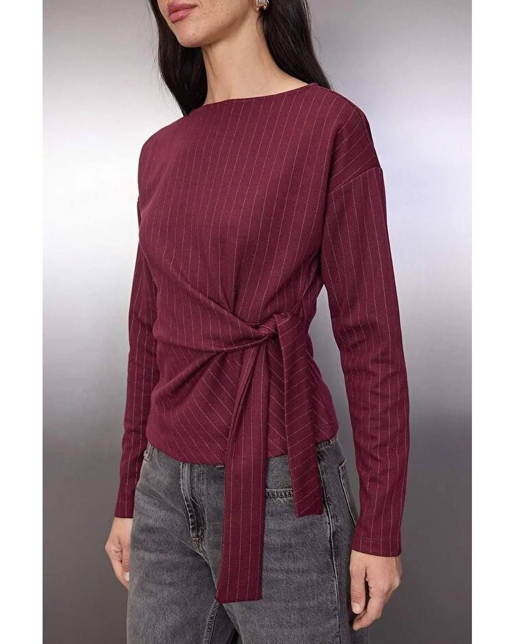 WOVCOR Purple Striped Boat Neck Long Sleeve Knit Blouse W/ Tie Detail