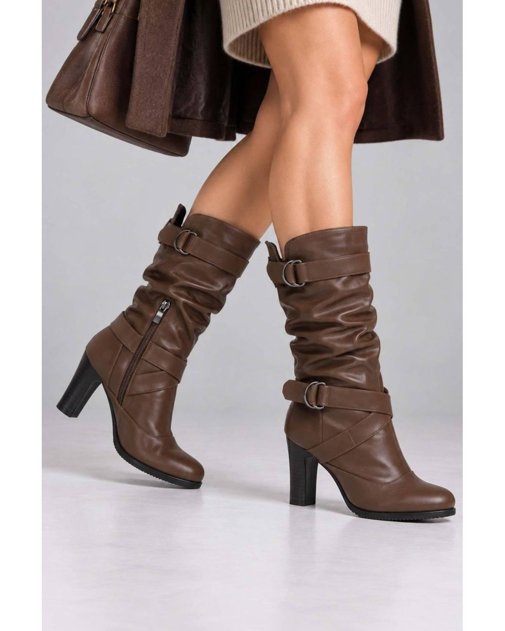 AJVANI Brown High Block Heel Ruched Calf Boots