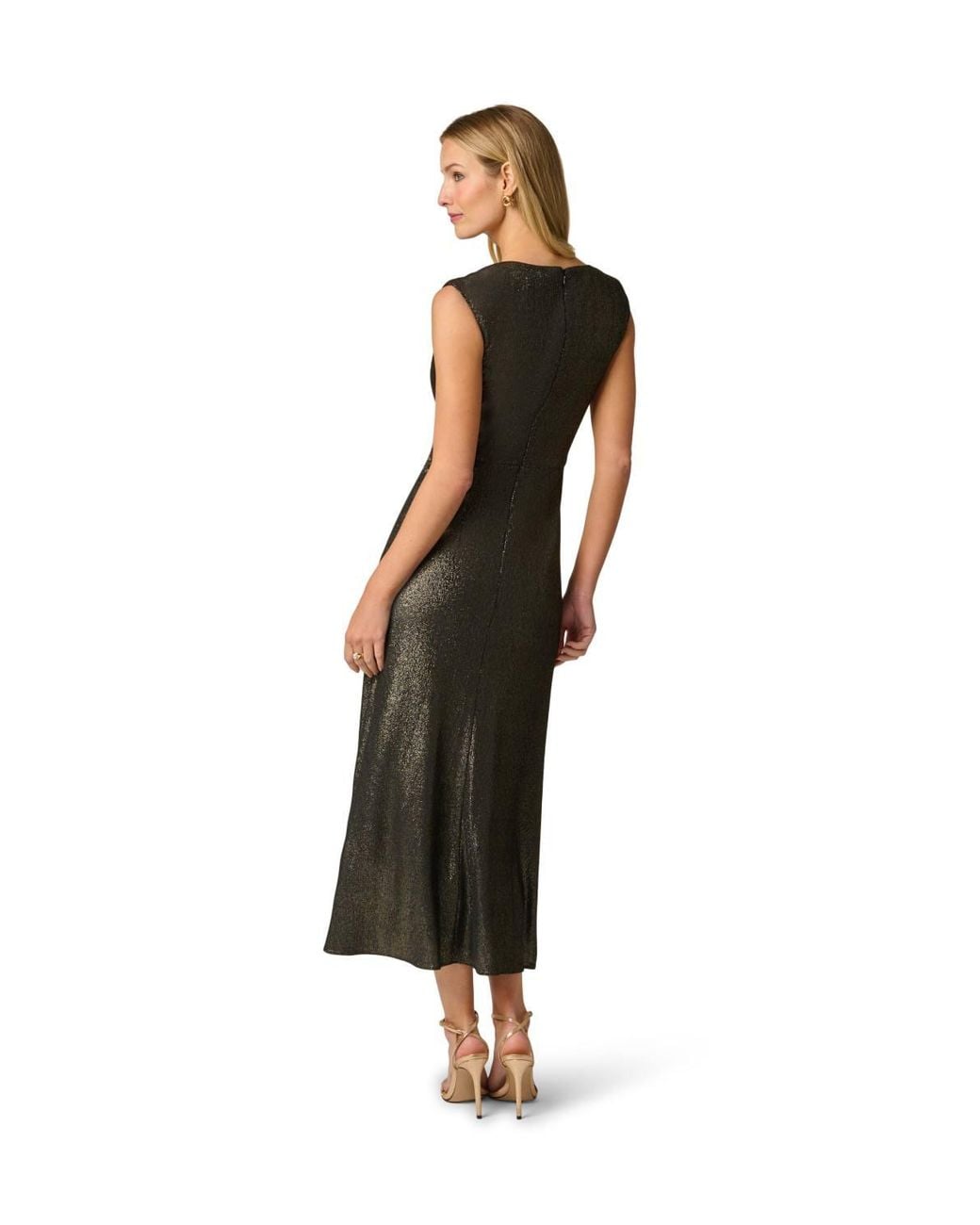 Adrianna Papell White Vneck Metallic Ankle Dress