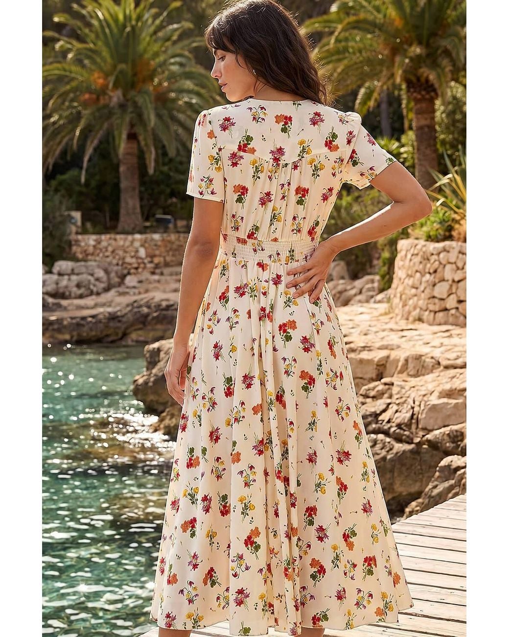 Roman White Floral Print Buttoned Midi Dress