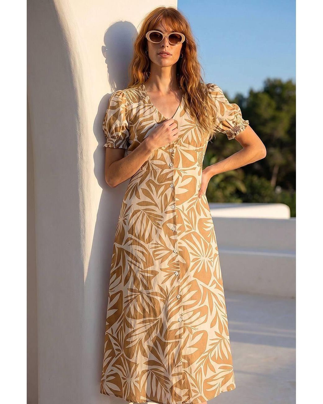 Roman Natural Abstract Print Button Midi Dress