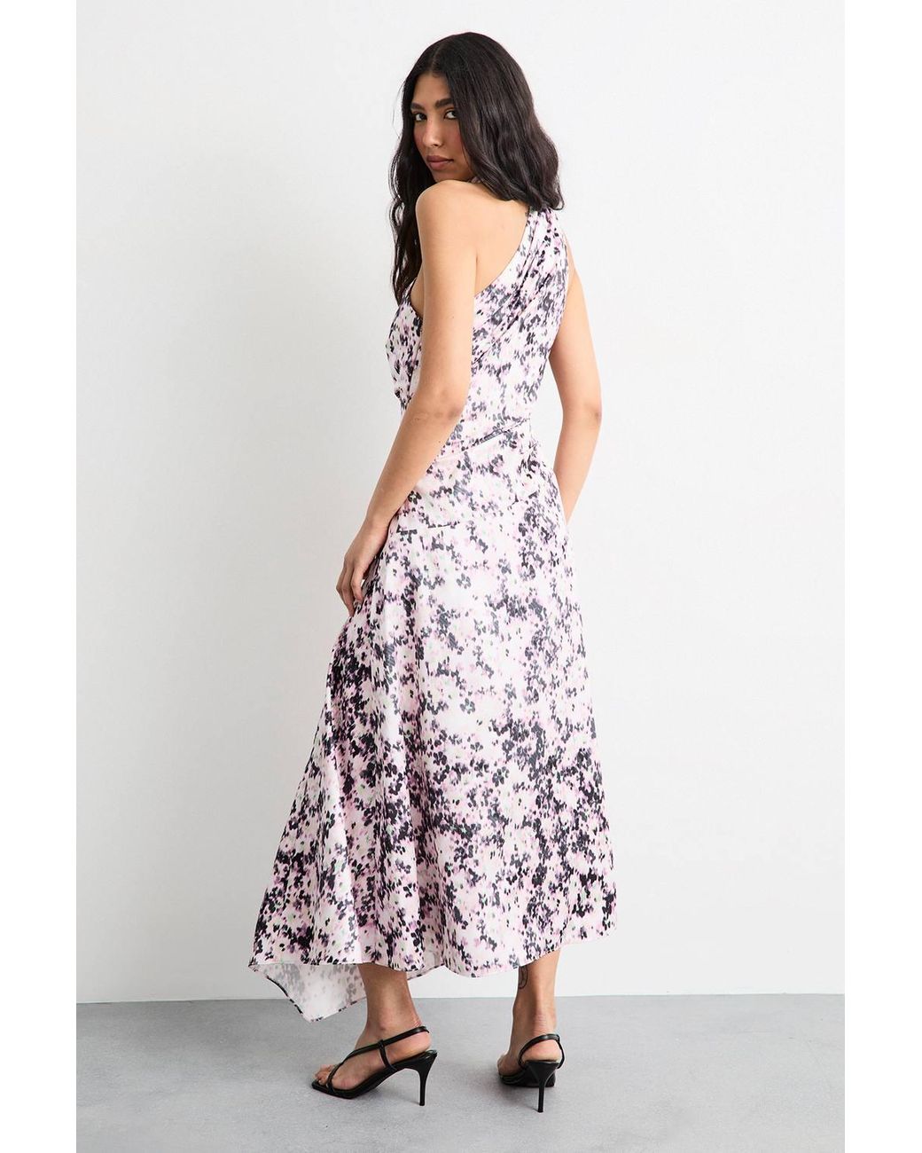 Warehouse Multicolor Printed Scarf Tie Asymmetric Satin Maxi Dress