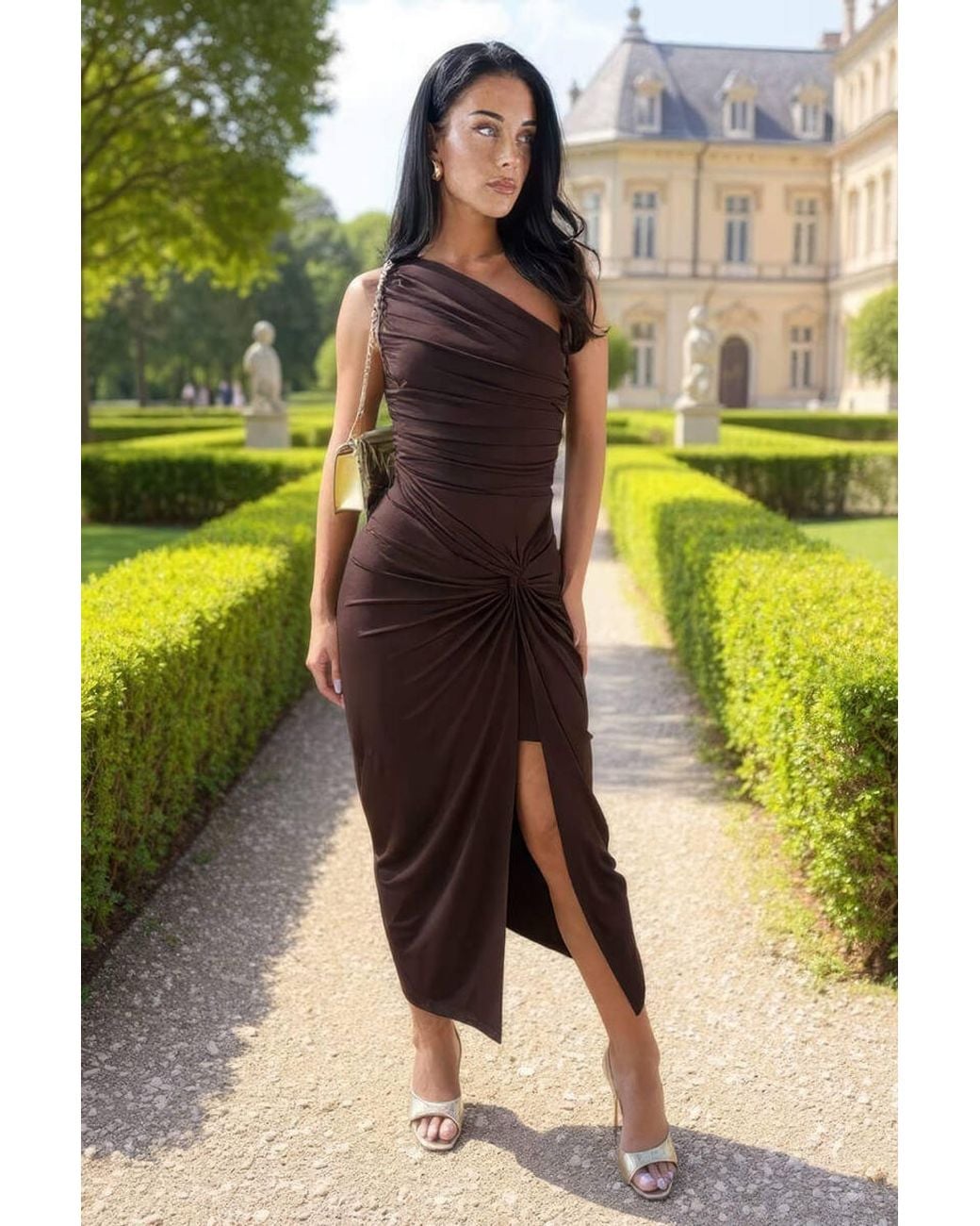 AX Paris Brown One Shoulder Knot Skirt Midi Dress