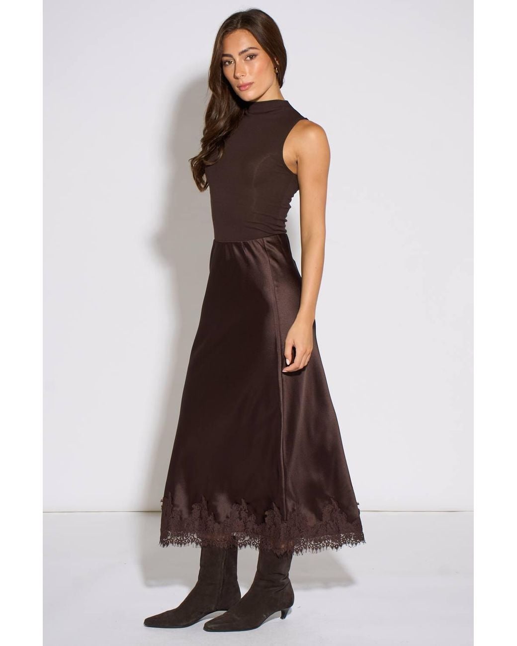 Gini London Brown Contrast Lace Trim Satin Bias Skirt