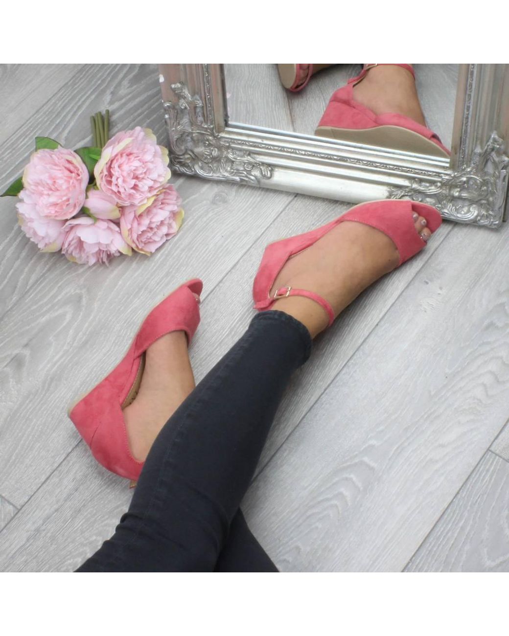 AJVANI Pink Mid Wedge Heel Ankle Strap Sandals