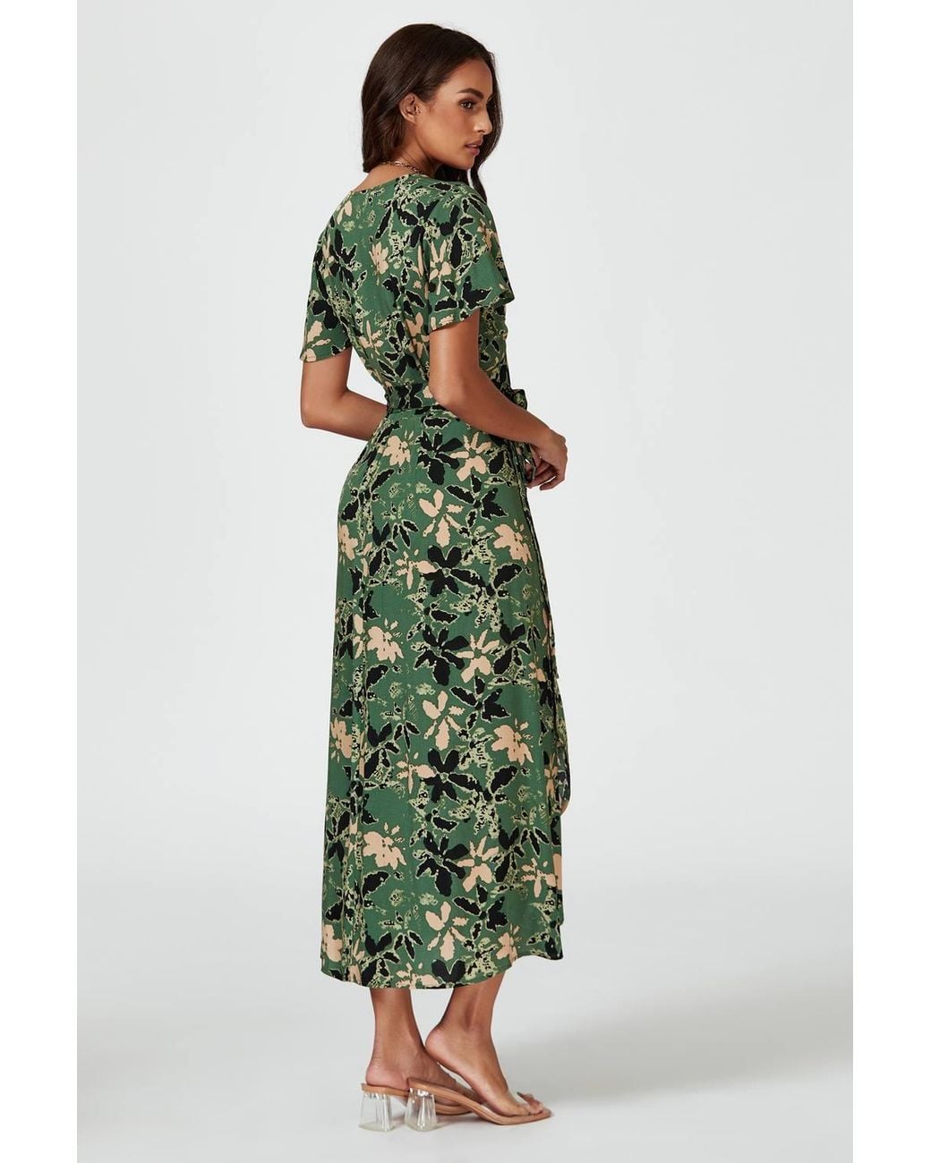 FS Collection Green Abstract Floral Wrap Maxi Dress