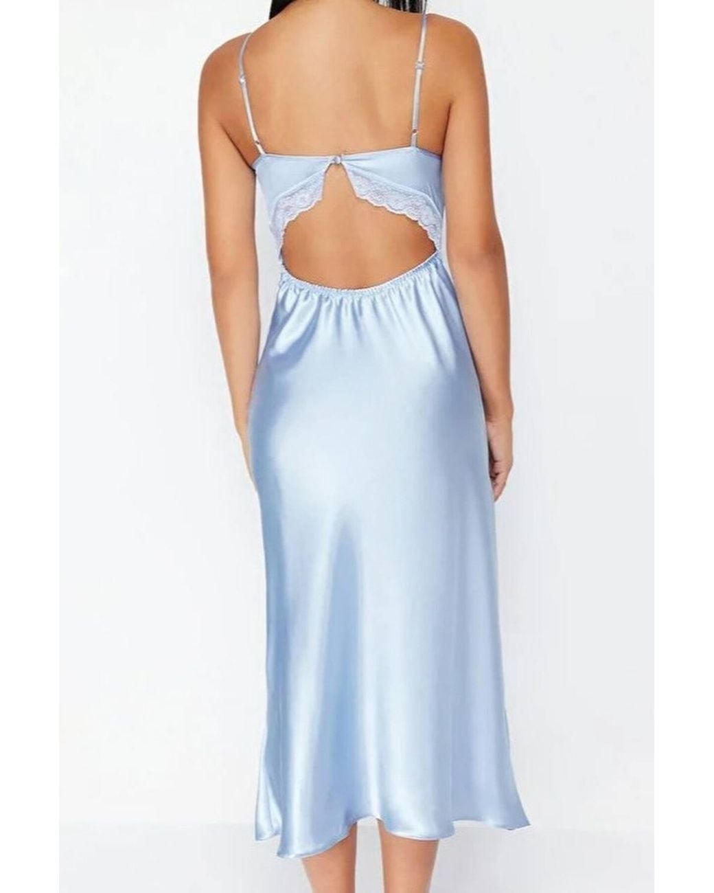 WOVCOR Blue Lace Trim V-Neck Satin Strappy Midi Nightdress
