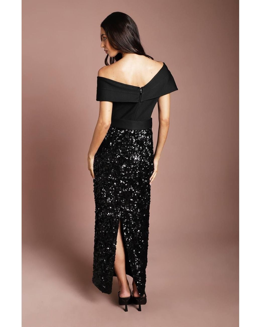 Coast Black Bardot Bandage Bodice Sequin Skirt Maxi Dress