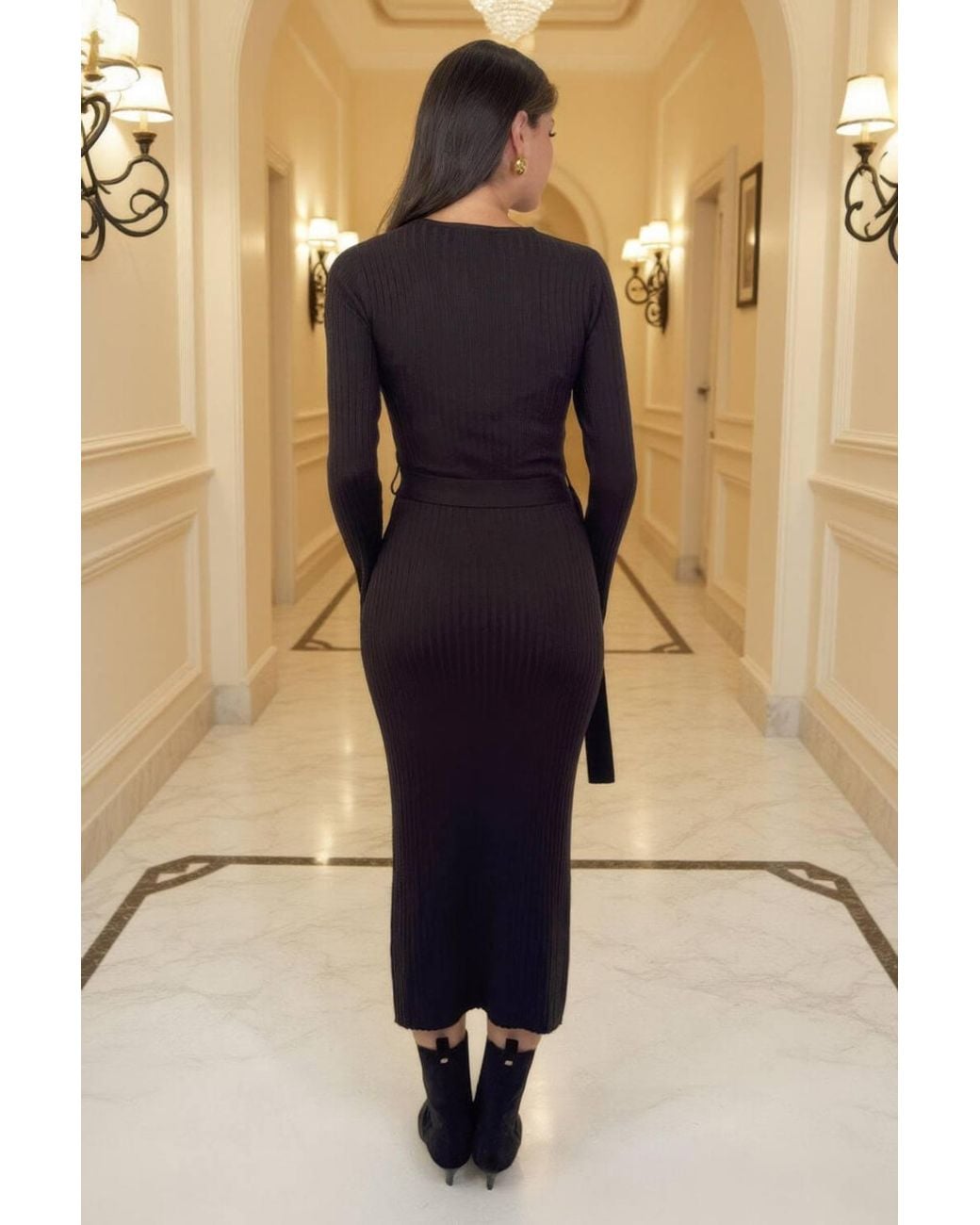 AX Paris Natural Rib Knit Buckle Detail Midi Dress