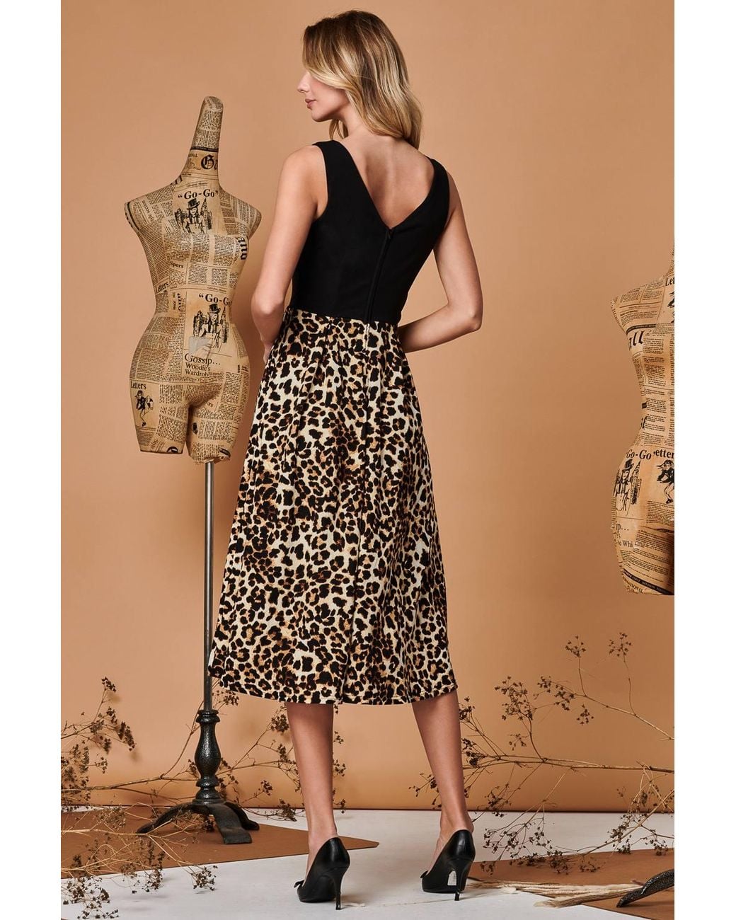 Jolie Moi Brown Two Tone Contrast Print Midi Dress
