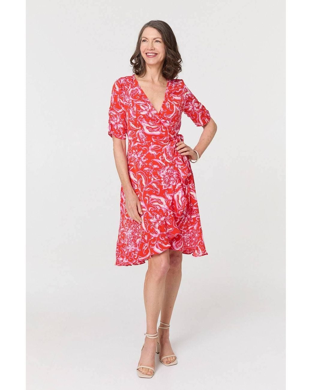 Izabel London Red Printed Frill Wrap Knee Length Dress