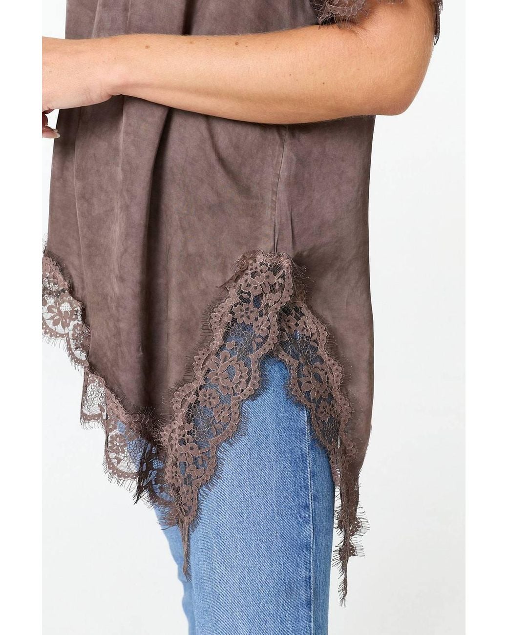 Izabel London Brown Lace Trim Asymmetric 1/2 Sleeve Top