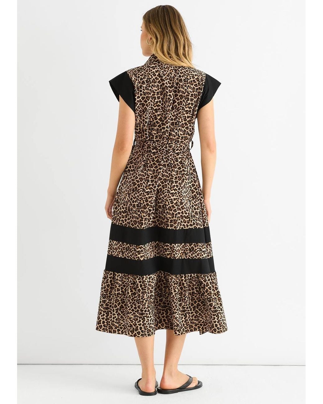 Gini London Brown Animal Contrast Panel Smock Midi Dress