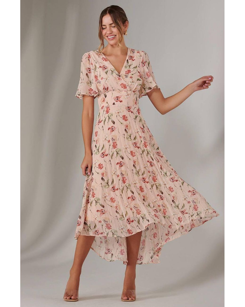 Jolie Moi Pink Charlotte Pleated Chiffon Midaxi Dress