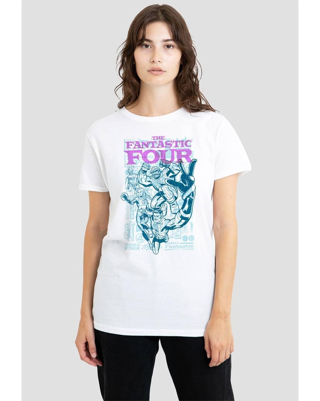 Marvel White Fantastic Four Lineart Heroic First Family T-Shirt