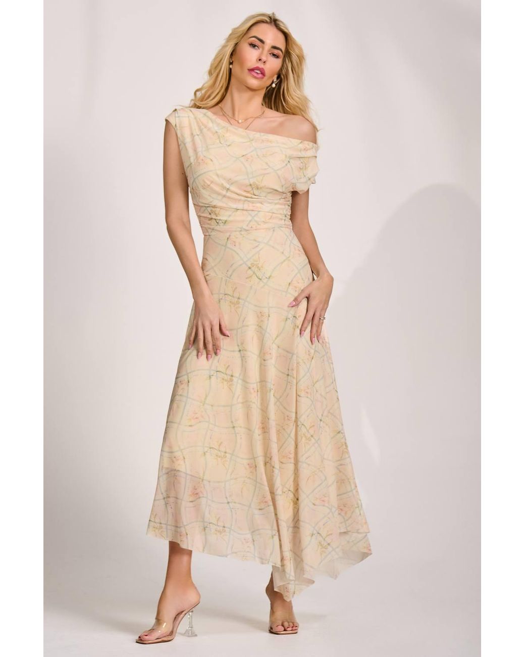 Jolie Moi Natural Asymmetric Draped Mesh Maxi Dress