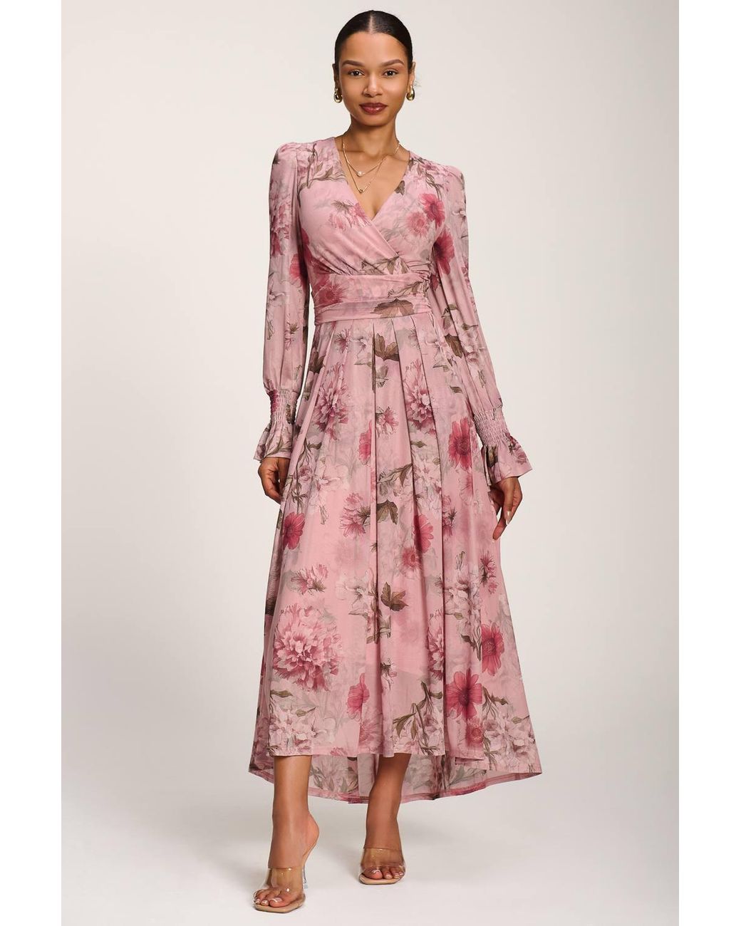 Jolie Moi Pink Long Sleeve V Neck Mesh Maxi Dress